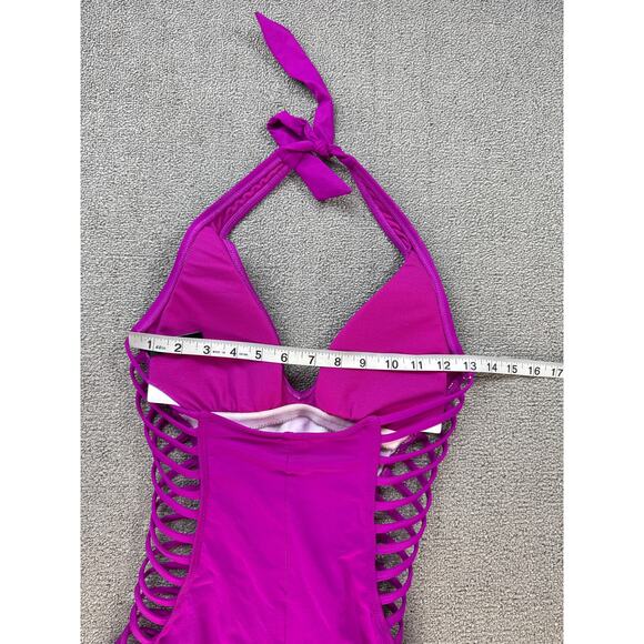 Kenneth Cole New York One Piece Swimsuit Halter Cut Out Sides Fuchsia Medium - Picture 9 of 11